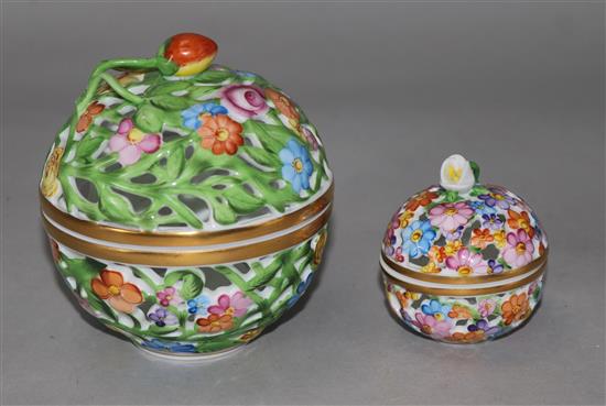 Two Herend pierced porcelain caskets, largest 4in.